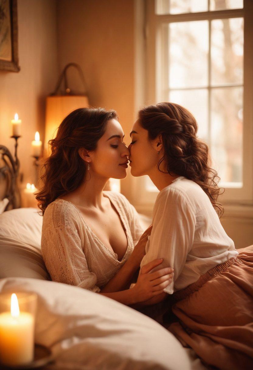 A sensual, intimate scene depicting a diverse couple playfully flirting over a candlelit table, surrounded by soft pillows and romantic decor, symbolizing the transition from flirtation to deeper connections. Soft lighting highlights their expressions and gestures, creating an inviting atmosphere. The background hints at a cozy yet elegant setting that evokes a sense of closeness and chemistry. surreal, warm tones. soft focus.