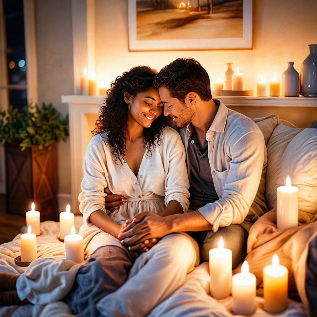 An intimate scene of a couple embracing in a soft, cozy setting adorned with candles and plush fabrics, conveying warmth and connection. Subtle symbols of affection like intertwined hands and tender smiles enhance the emotional depth. Use soft lighting to create a dreamy atmosphere that evokes feelings of closeness and pleasure. watercolor style. warm colors. soft focus.