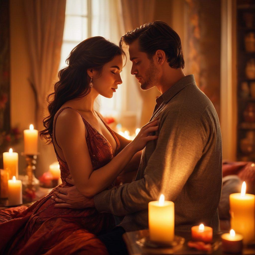 A couple gazes deeply into each other's eyes in a softly lit room, surrounded by romantic elements like flickering candles and lush fabrics. The scene exudes an aura of passion and intimacy, with hints of abstract shapes symbolizing desire. Their hands are gently intertwined, showcasing a connection that transcends the physical. Emphasize warm, inviting colors to evoke feelings of pleasure and closeness. super-realistic. vibrant colors. warm lighting.